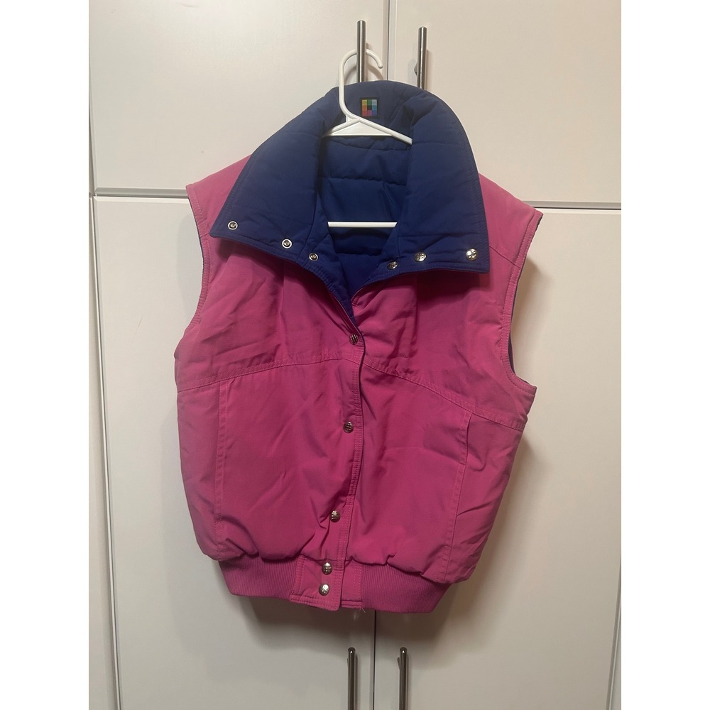 Vintage 80s Colorblock Puffer Vest Pink Blue Snap Front Retro Ski Bomber Small